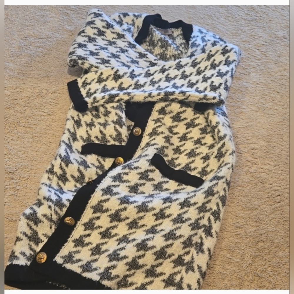 🖤 🤍Black & White Houndstooth Women's Gold-Buttoned Cardigan Duster Sweater